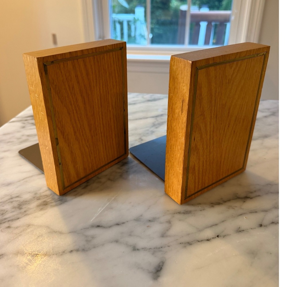 Vintage Mid Century Teak Wood Bookends with Brass Inlay Set of 2 MCM Decor